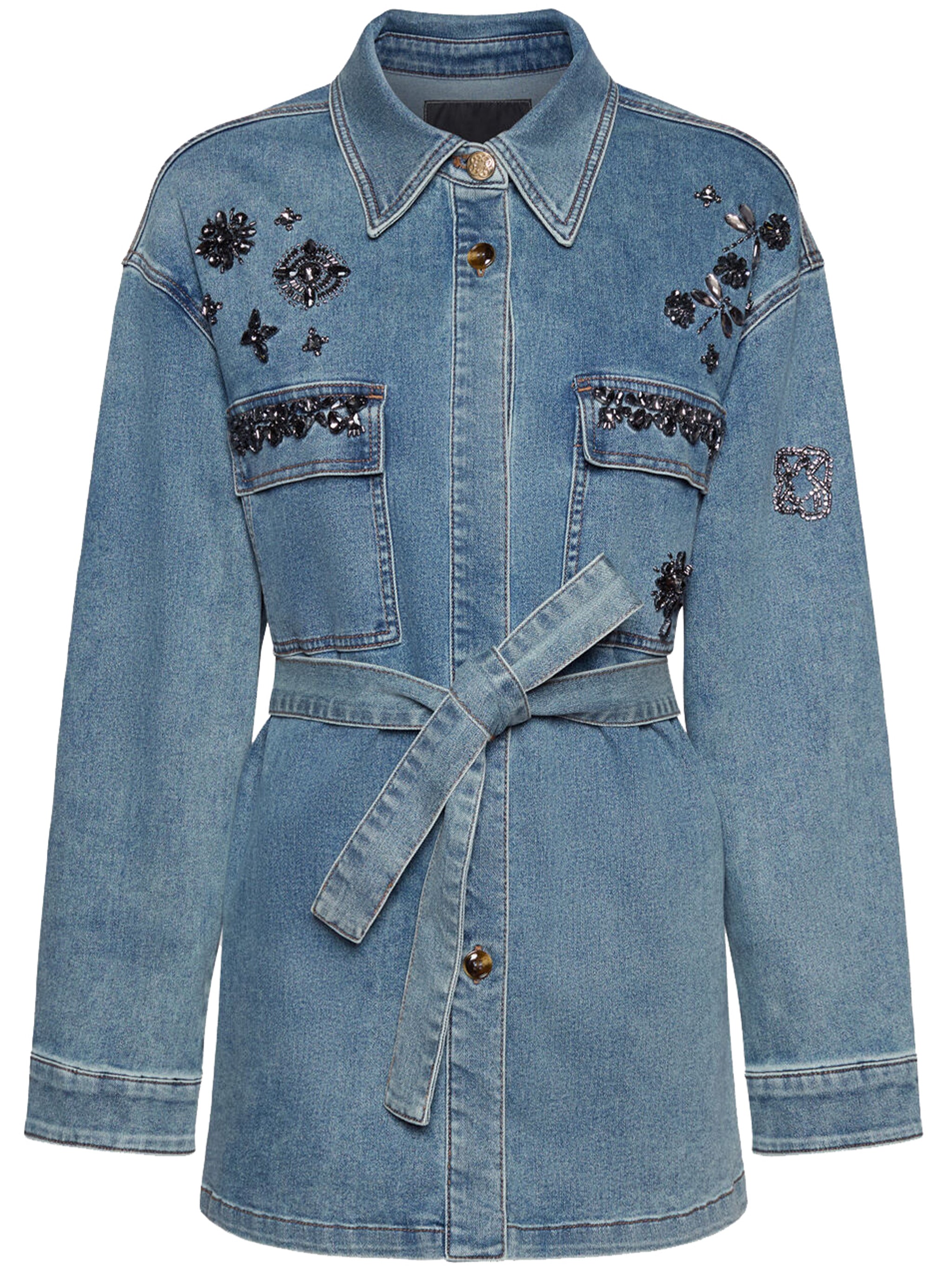 Denim Overshirt Beaded Embellished Belted Jacket