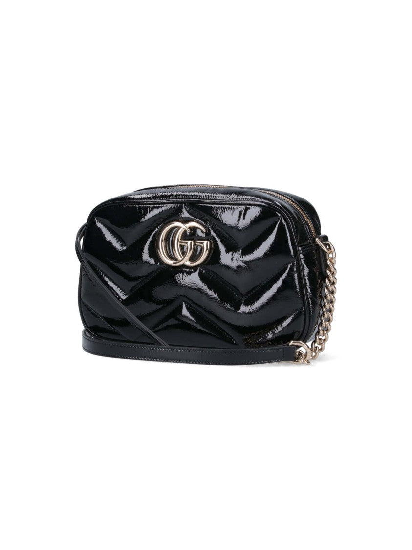 Chevron-Pattern Black Patent Leather Shoulder Bag With Adjustable Chain Strap