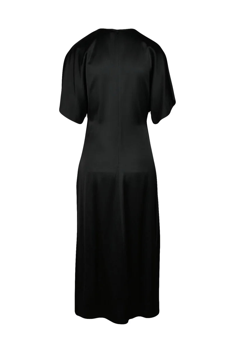 Long Satin Dress Ruched - Black