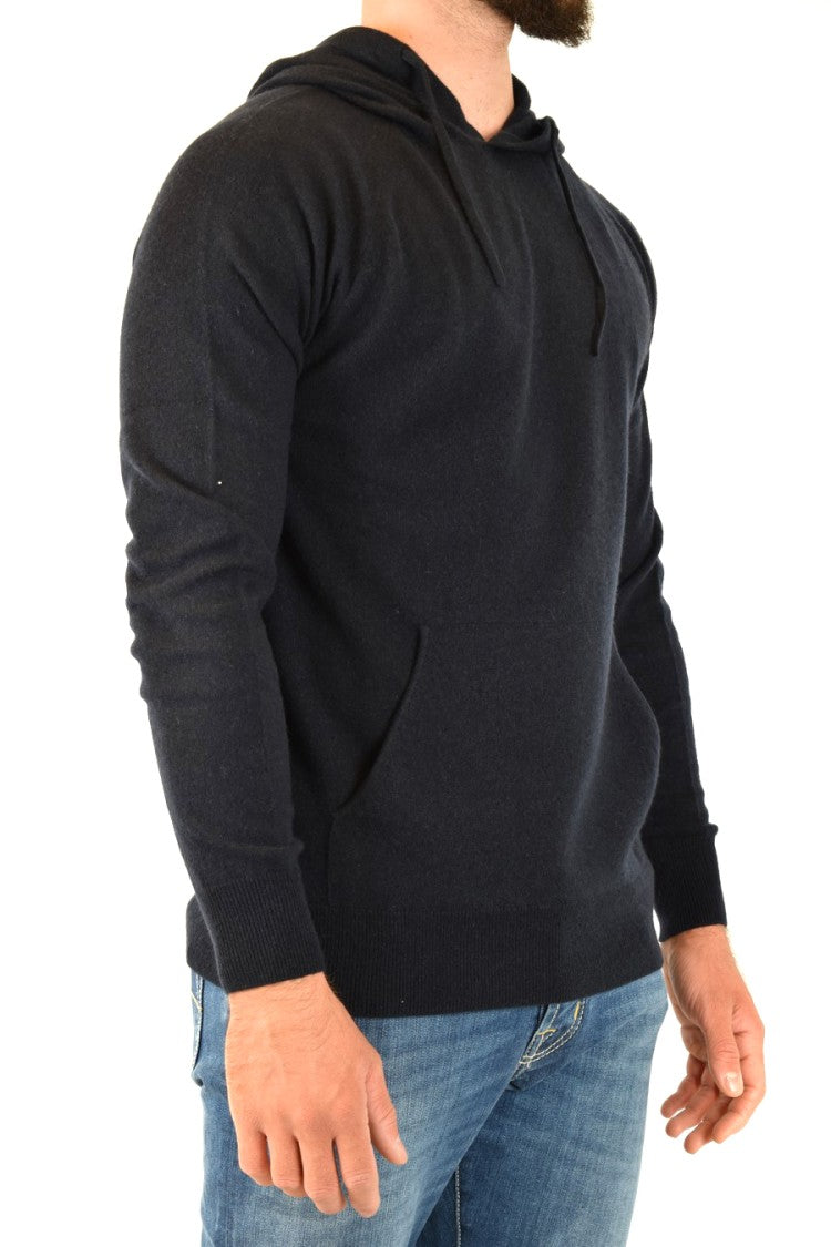 Hooded Black Knitwear With Drawstrings