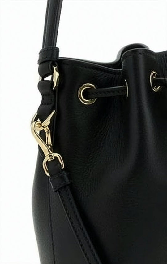 Bucket-Style Smooth Leather Shoulder Bag With Drawstring Closure