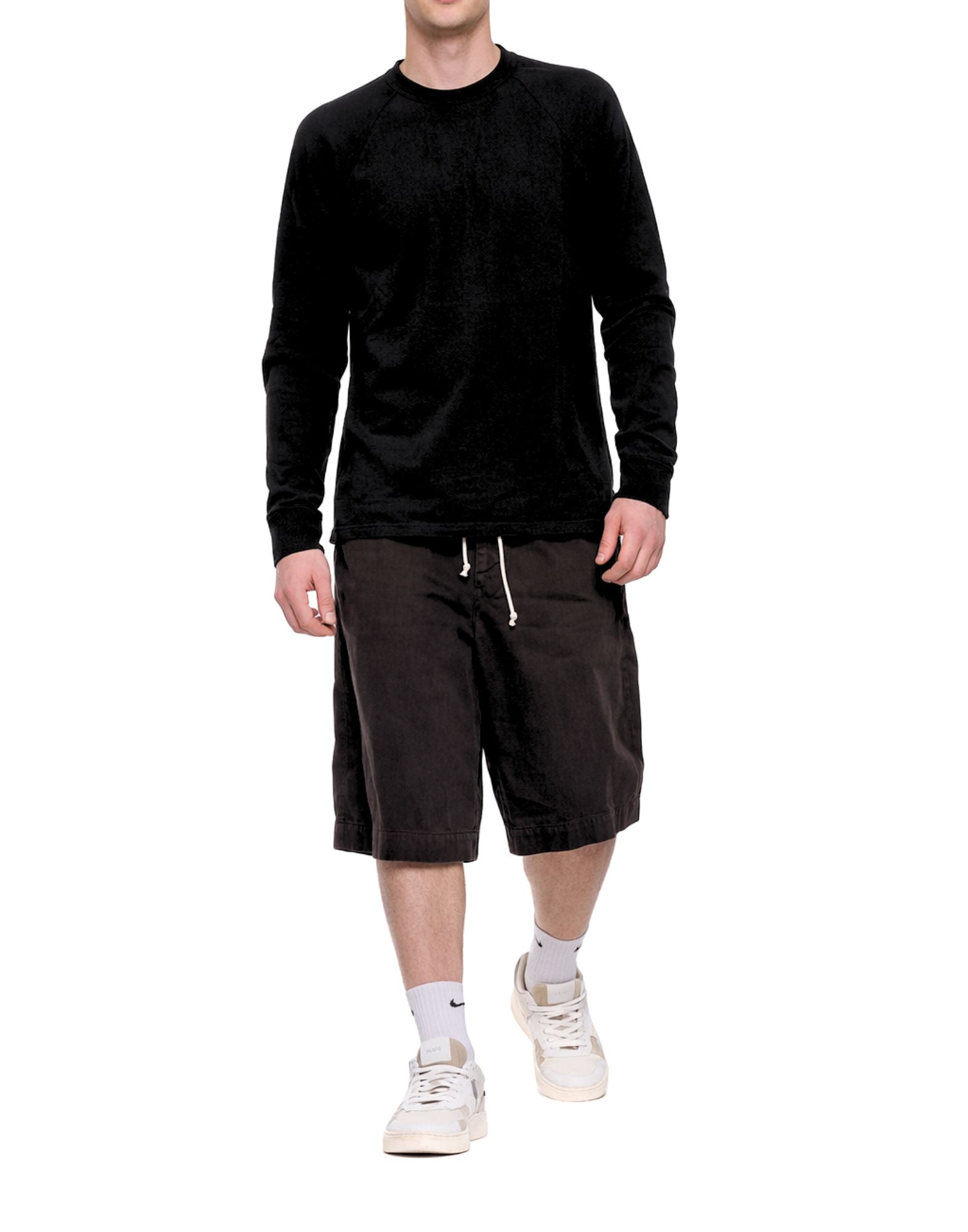 Black Cotton Long Sleeve Crew Pique T-Shirt