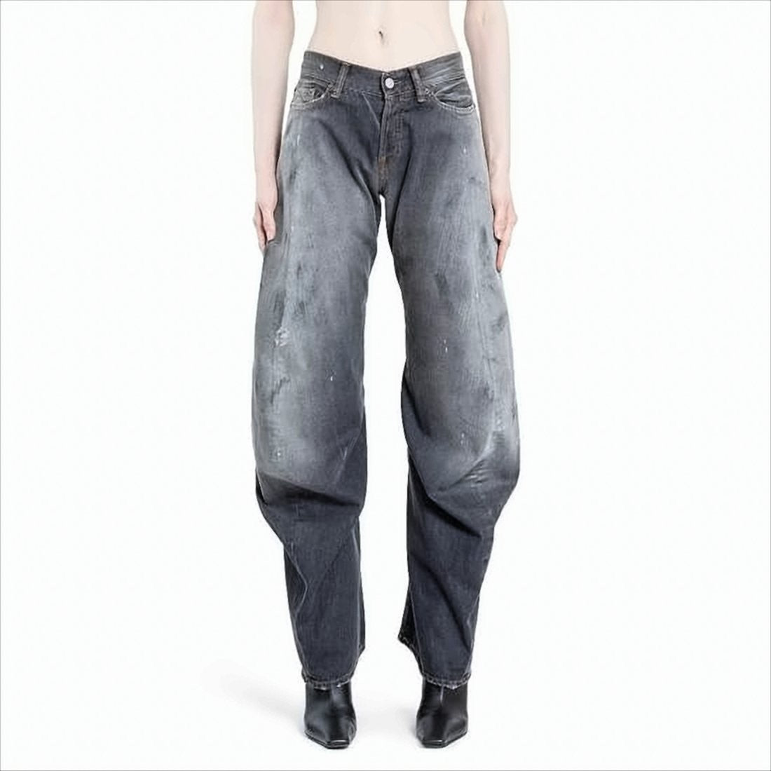 Wide-Leg Black Denim Pants with Distressed Finish