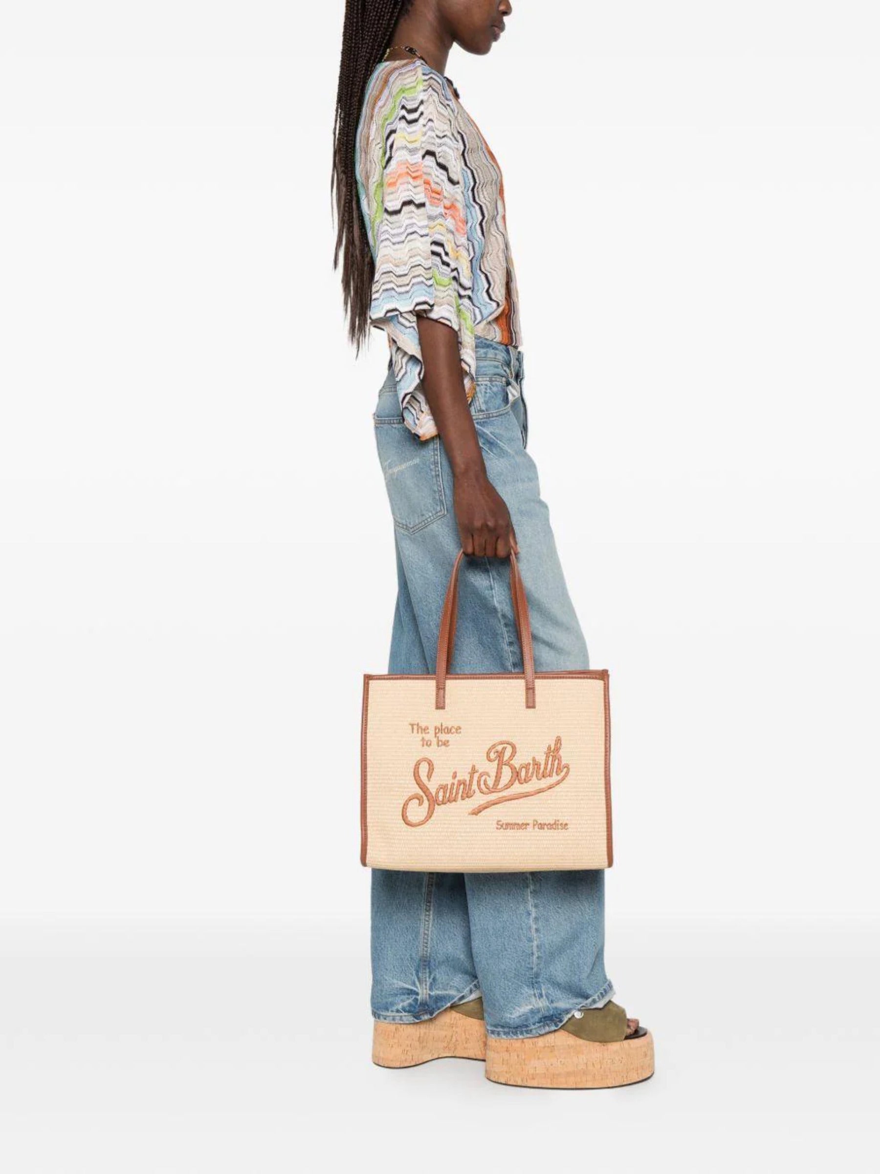 Rectangular Woven Tote Bag with Embroidered Text