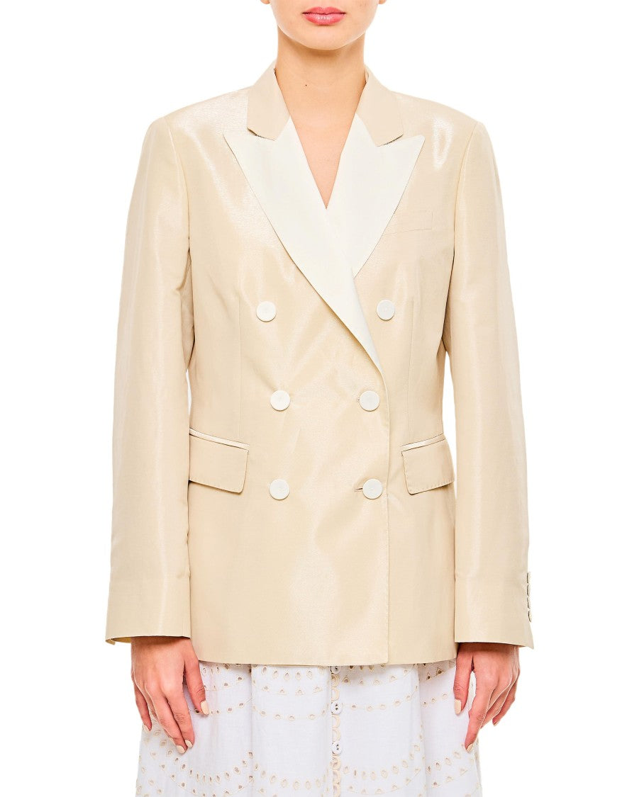 Beige Double-Breasted Jacket With Flap Pockets And Shiny Finish