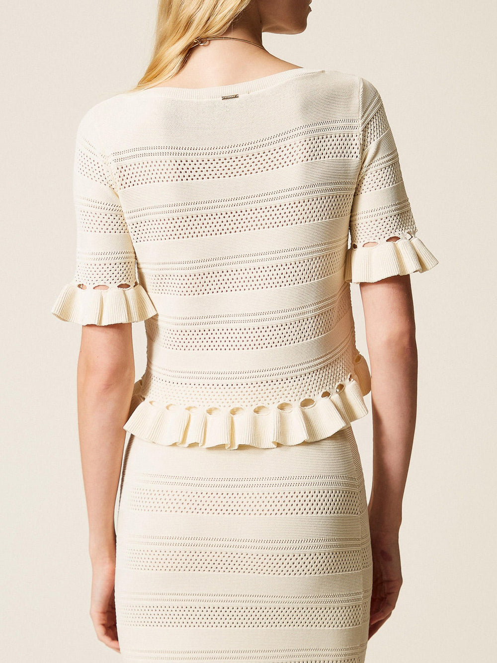 Short-Sleeved Knit Top with Pleated Ruffle
