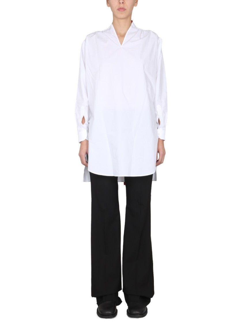 V-Neck Cotton Top With Bow-Detail Collar