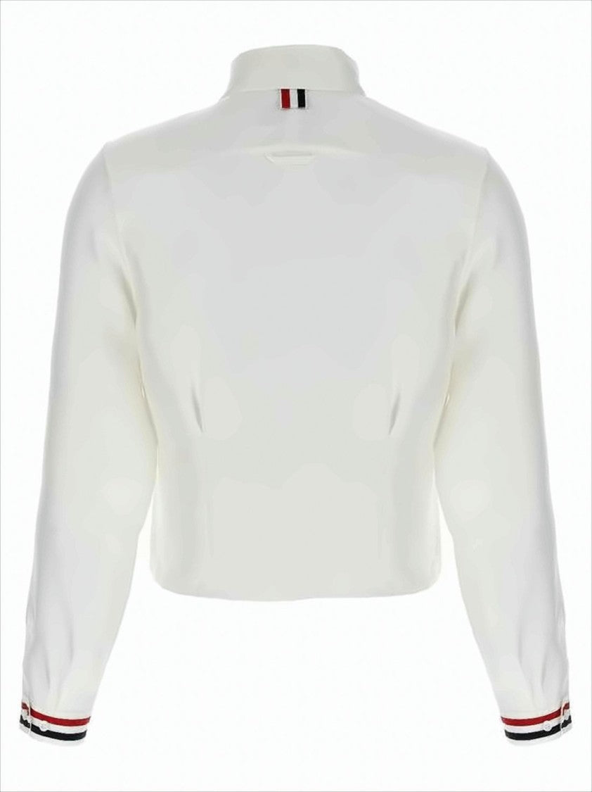 Cropped Silk Blouse with Elegant Bow and Striped Accents