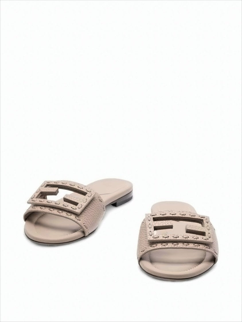 Geometric Buckle Slide Sandals In Textured Calf Leather