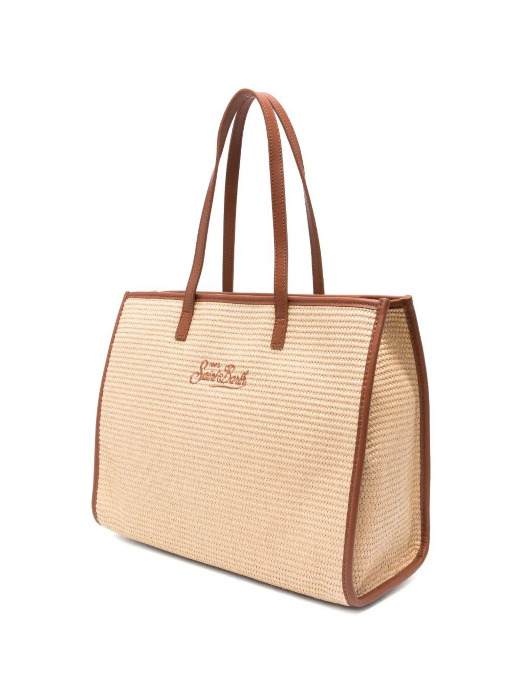 Rectangular Woven Tote Bag with Embroidered Text
