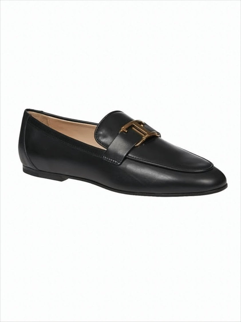 Black Leather Loafer with Polished Finish and Subtle Gold Detailing