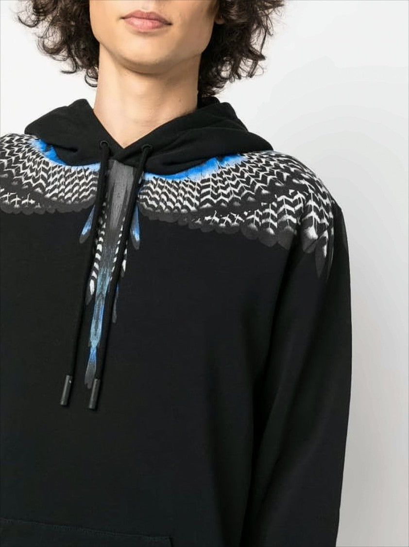 Feather-Graphic Black Cotton Hoodie