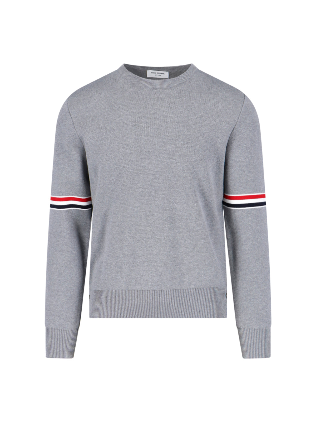 Grey Cotton Crewneck Sweater With Tricolor Grosgrain Highlights