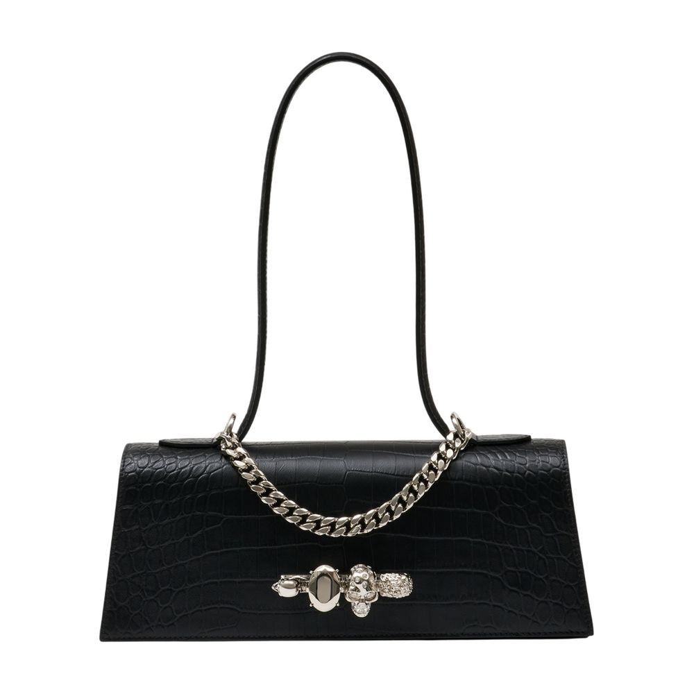 Jewelled Top Handle Shoulder Bag - Leather - Black