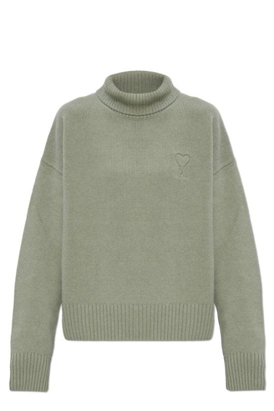 Cropped Green Turtleneck Sweater With Ribbed Texture And Embroidered Logo