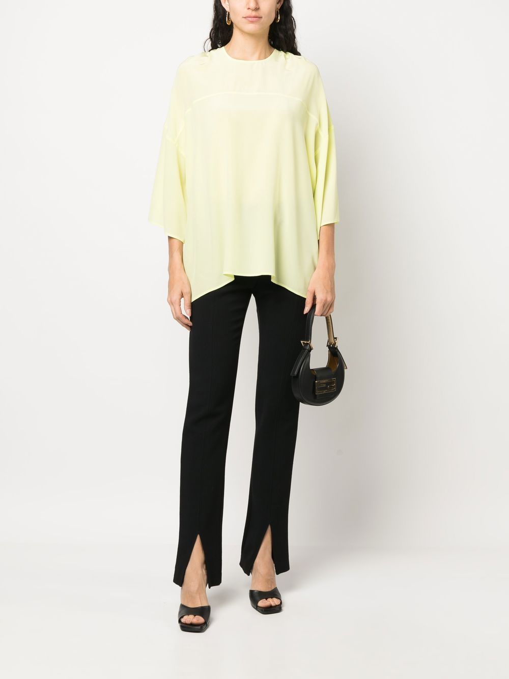 Red Round Neck Silk Elbow-Sleeve Top