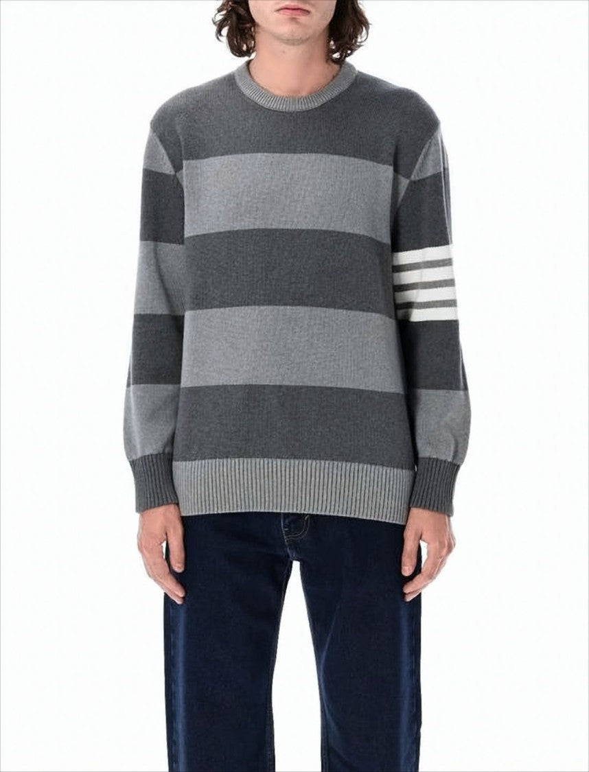 Relaxed Fit Grey Striped Knitted Sweater with Rose Motif
