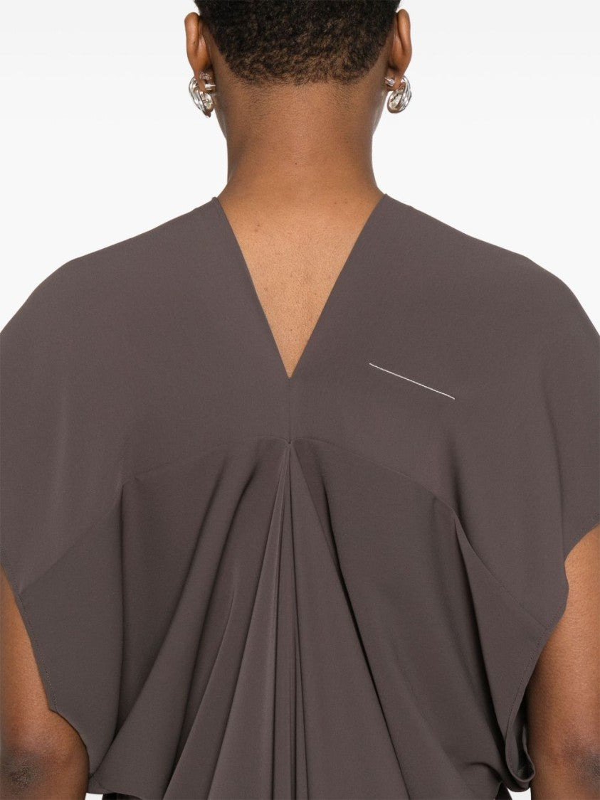 Draped Grey Midi Dress with V-Neckline