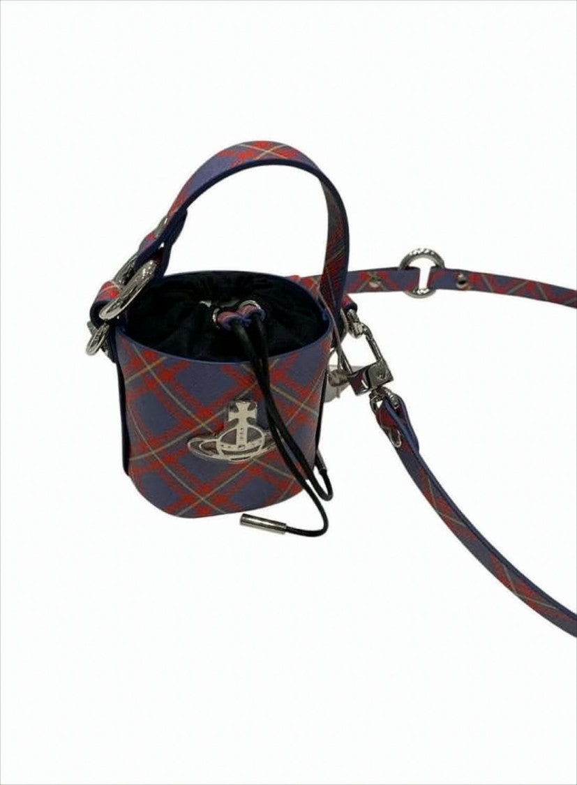 Drawstring Bucket Shoulder Bag with Tartan Pattern