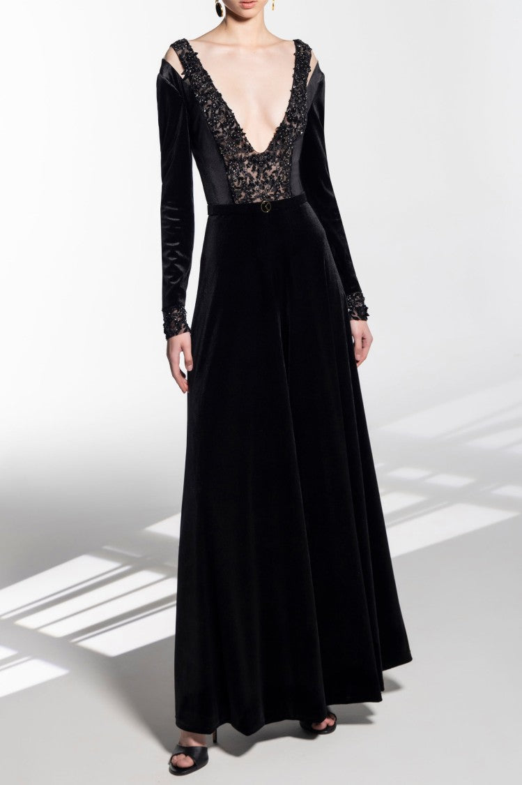 Velvet Flared Jumpsuit With A Beaded Top