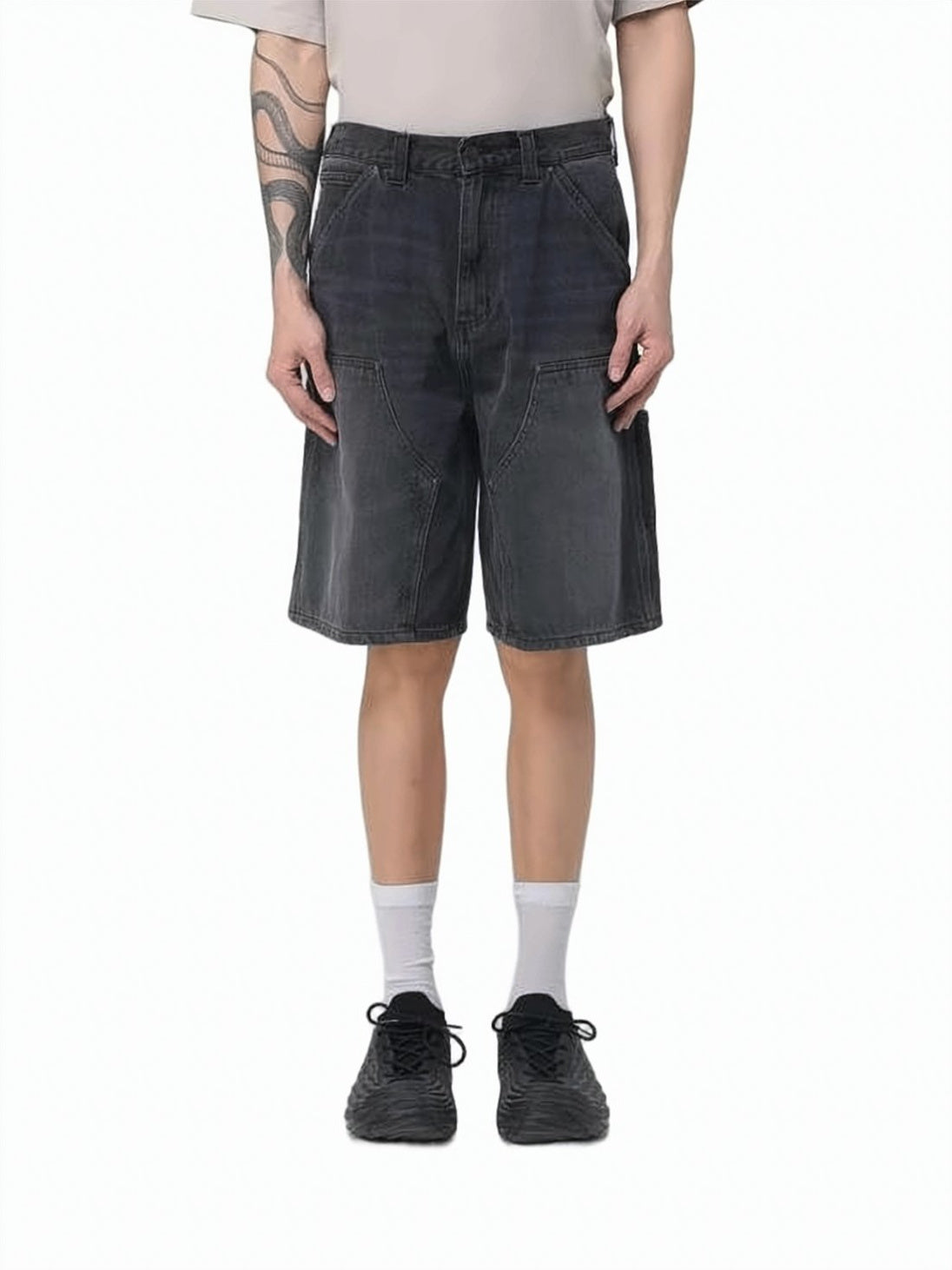 Black Denim Utility Shorts with Multi-Patch Pockets