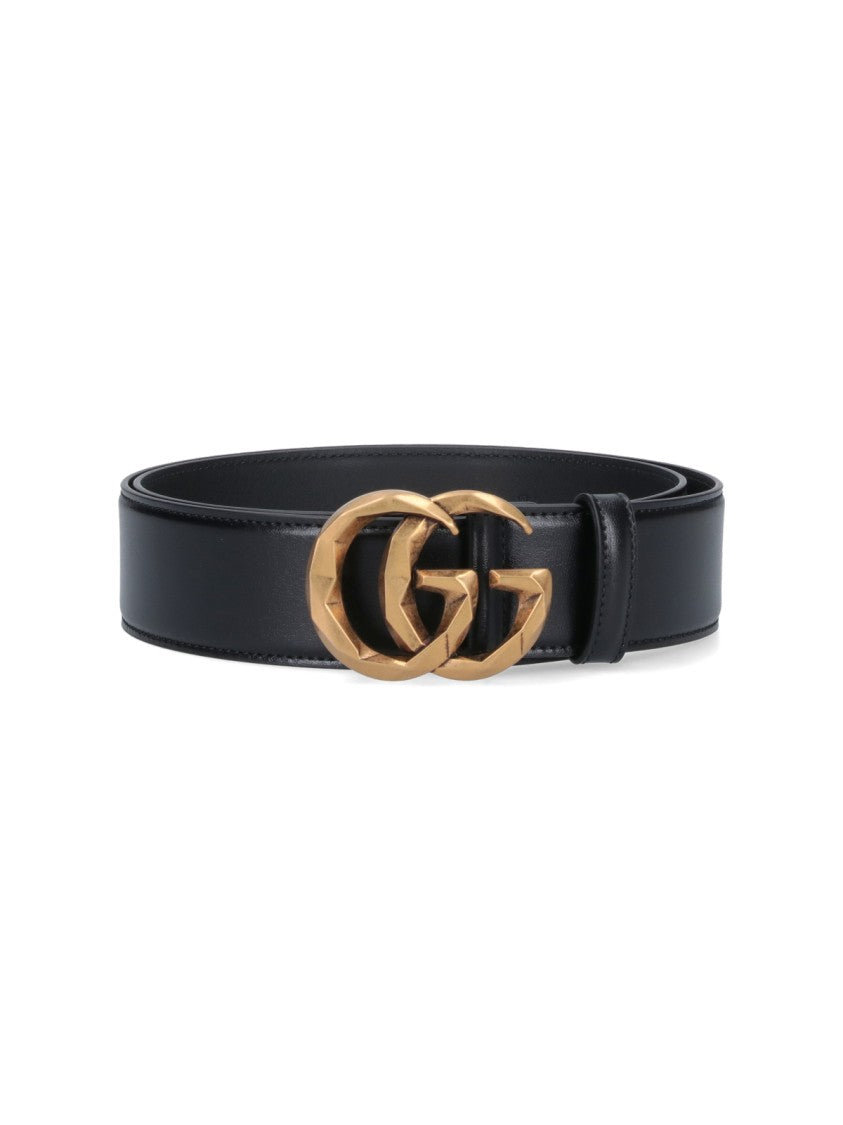 Wide Black Leather Belt With Gold Double G Buckle