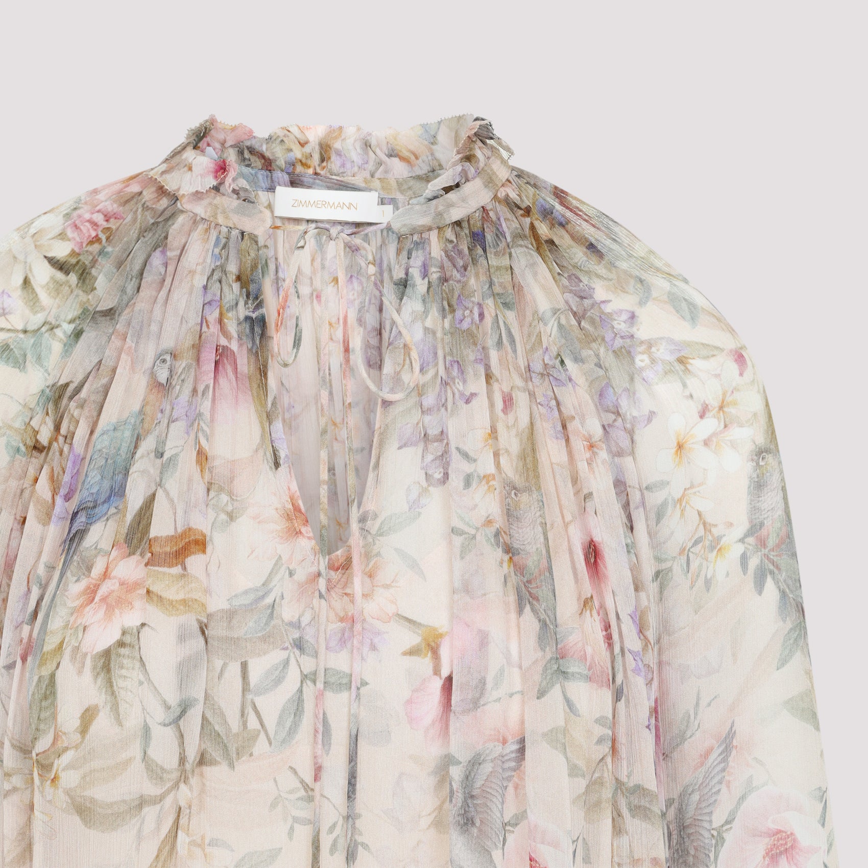 Sheer Floral Print Blouse With Ruffled Neckline