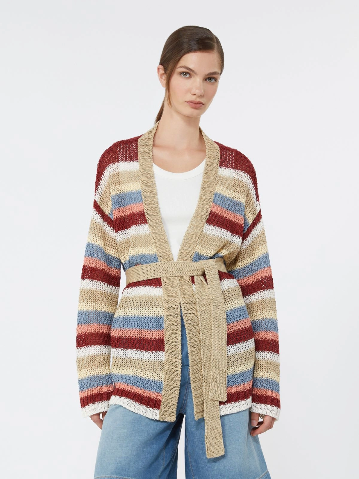 Horizontal Stripe Knit Cardigan with Matching Belt