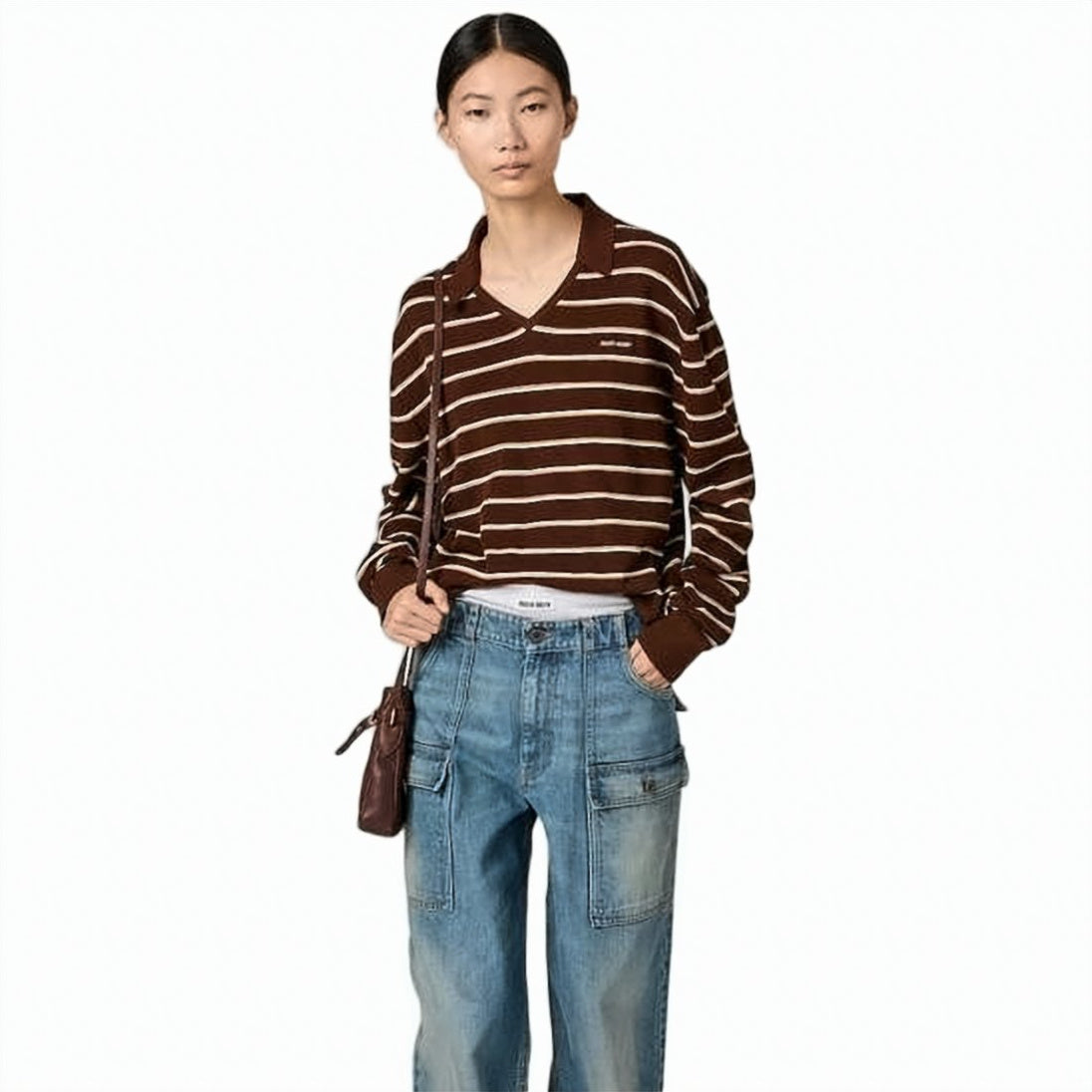 Long-Sleeve Knit Top With Striped Design And Classic Collar