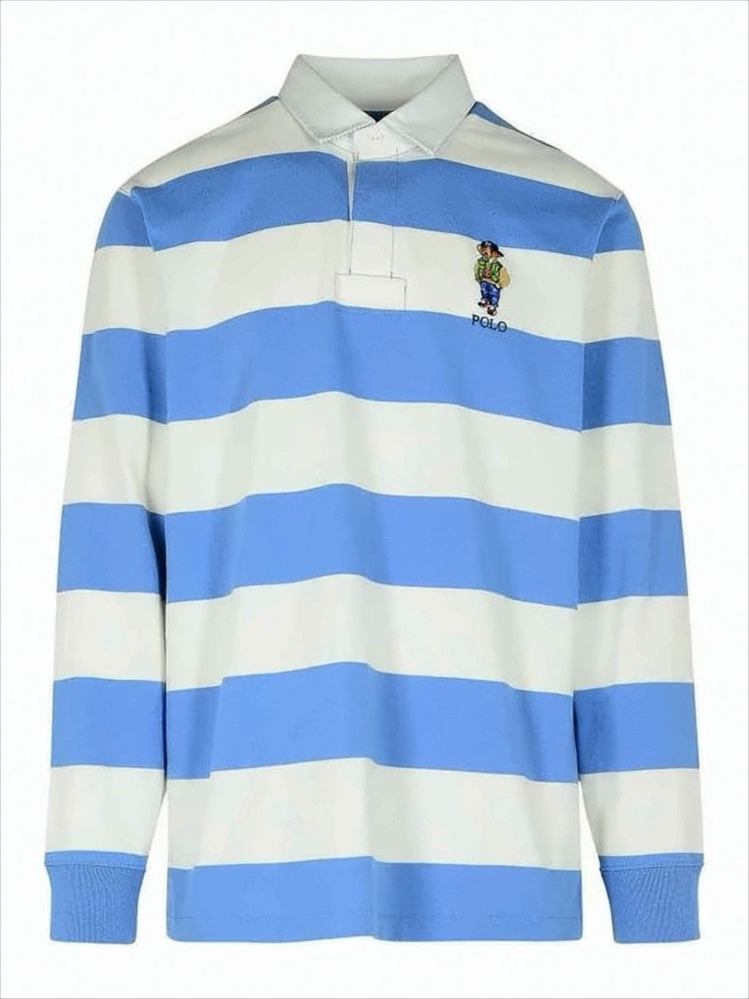 Long-Sleeve Striped Polo Shirt with Classic Collar and Embroidered Logo