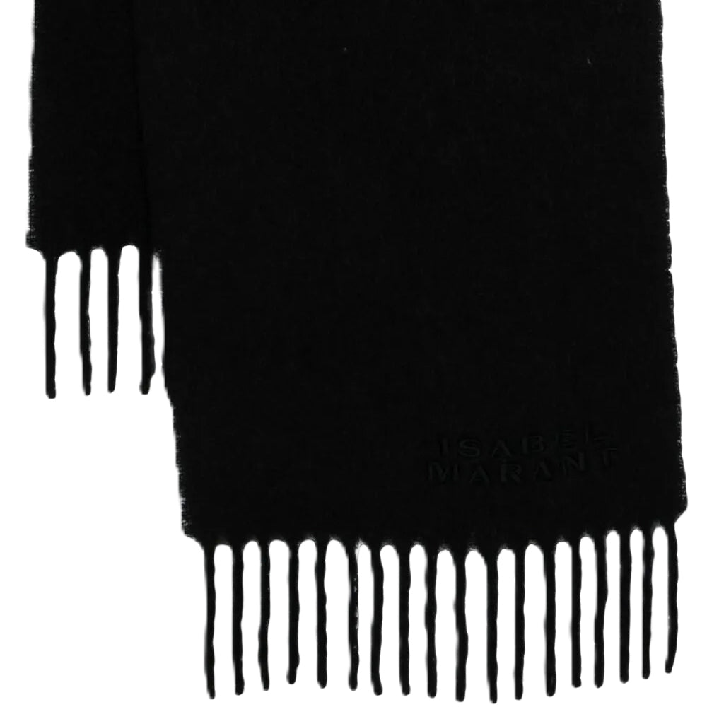 Rectangular Black Alpaca-Blend Scarf with Fringed Ends