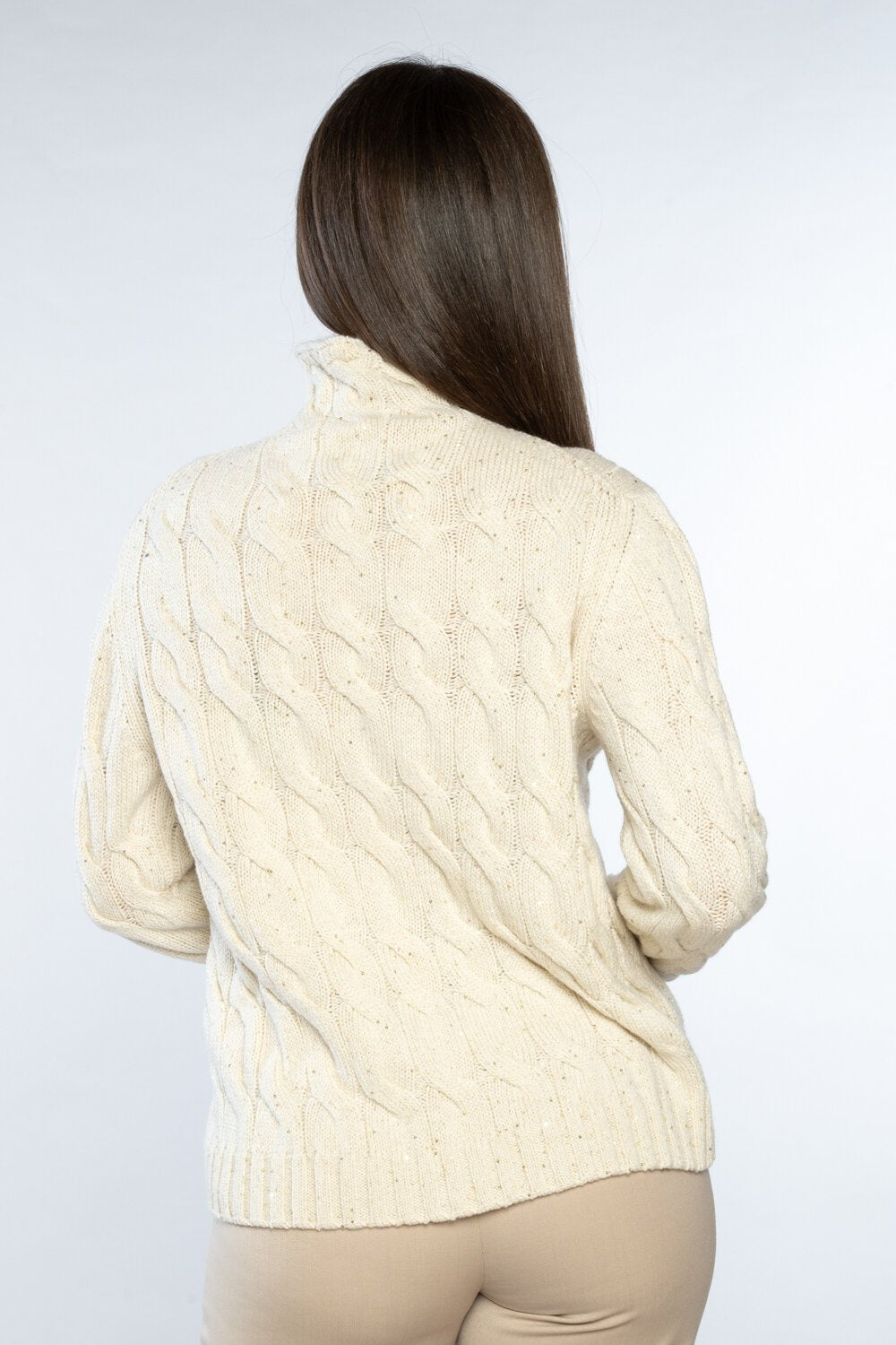 Ivory Cable-Knit Turtleneck Sweater With Braided Pattern