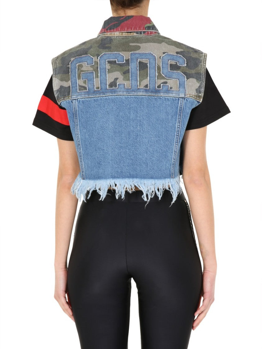 Cropped Denim Vest With Patchwork Design