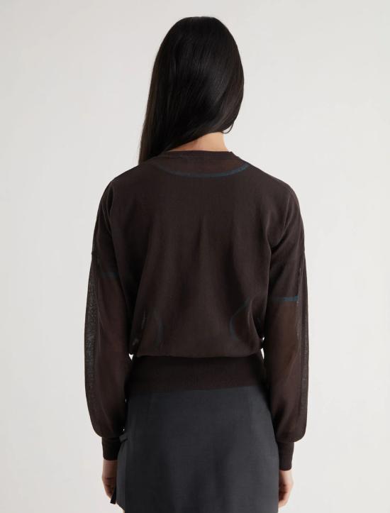 Semi-Sheer Brown Sweater With Gathered Waist And Cuffs