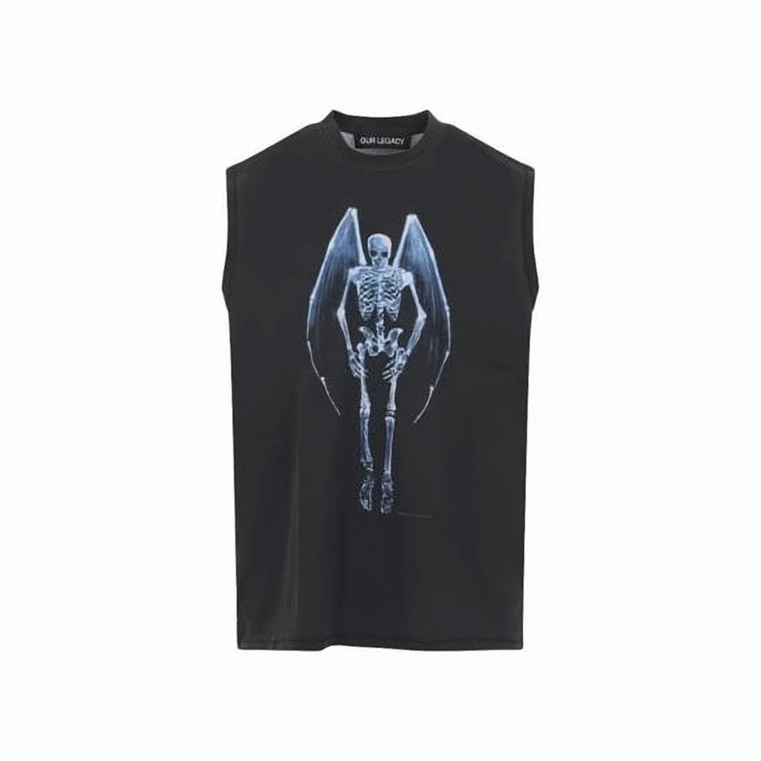 Sleeveless Black Top with Winged Skeleton Graphic