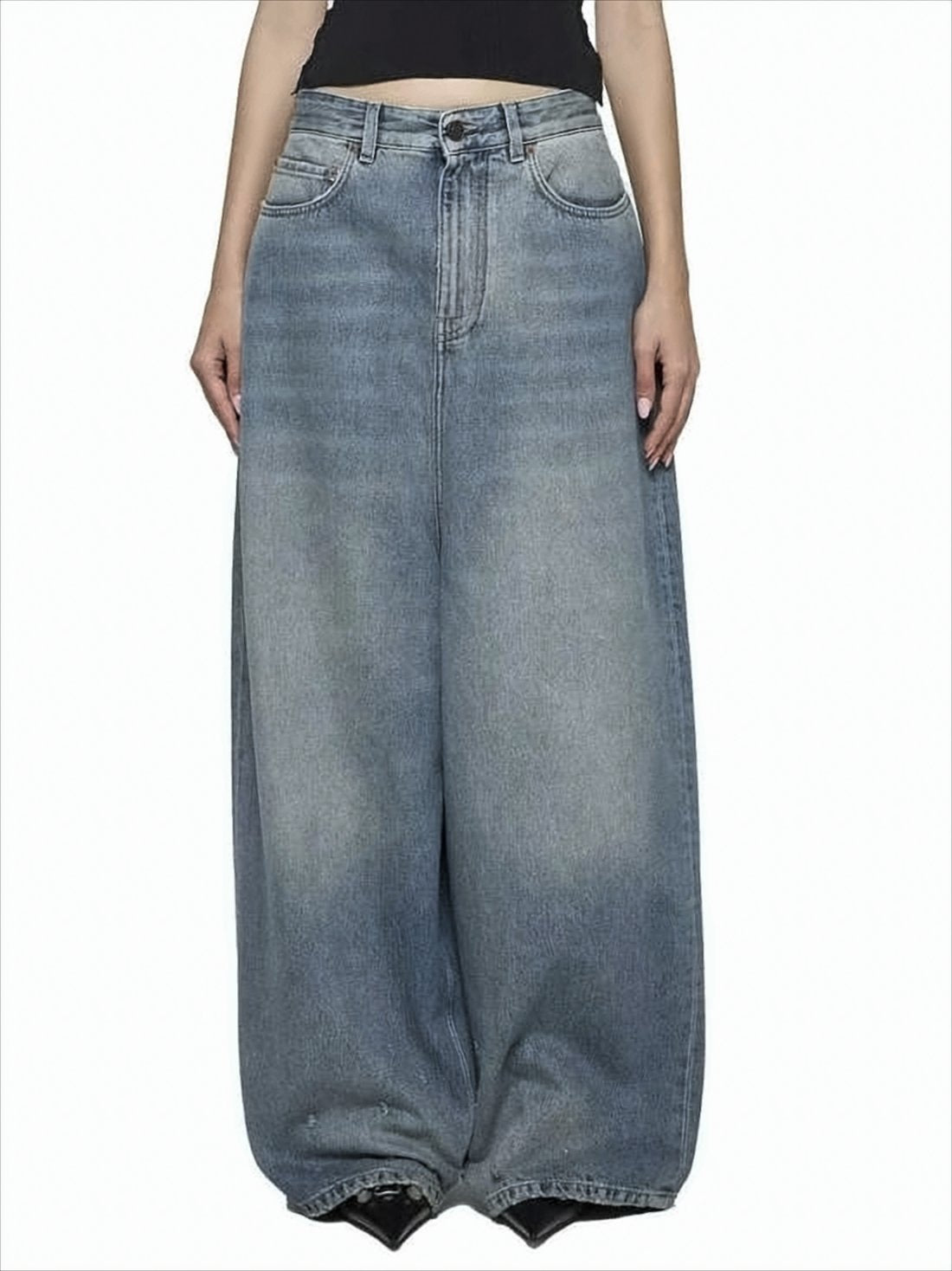High-Waisted Wide-Leg Denim Pants with Distressed Detailing