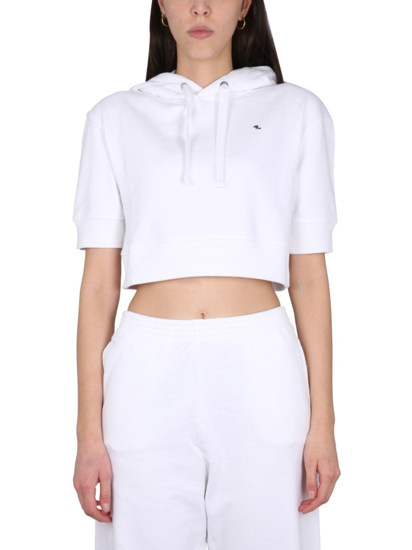 Cropped White Sweatshirt With Drawstring Hood