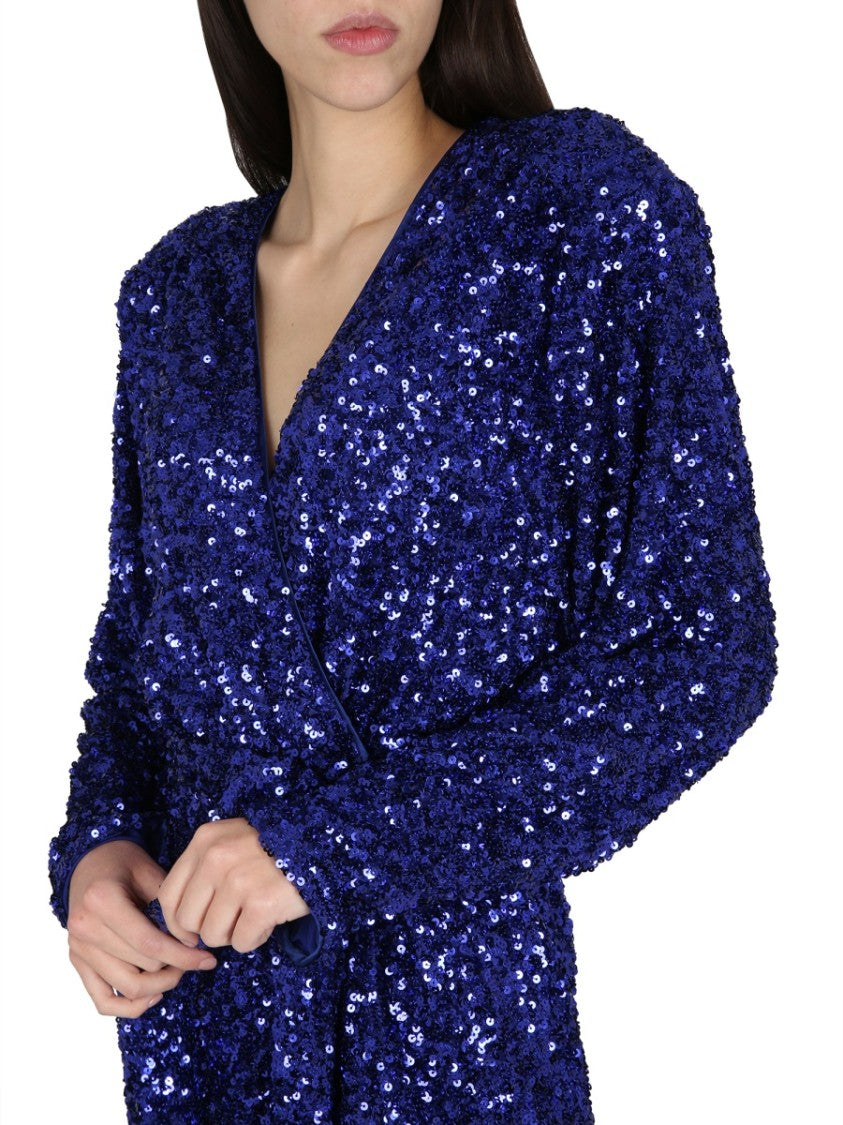 Deep V-Neck Sequined Evening Dress With Adjustable Belt