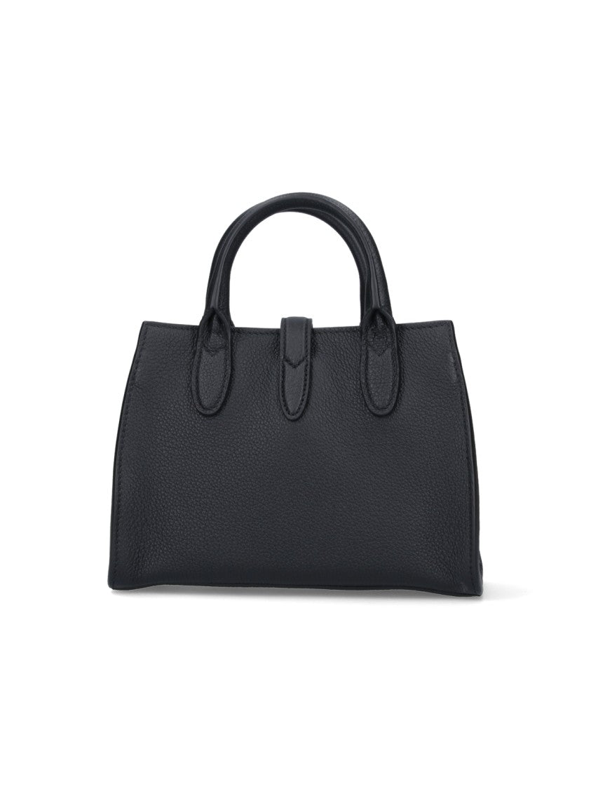 Textured Black Leather Small Tote Bag With Rigid Top Handles