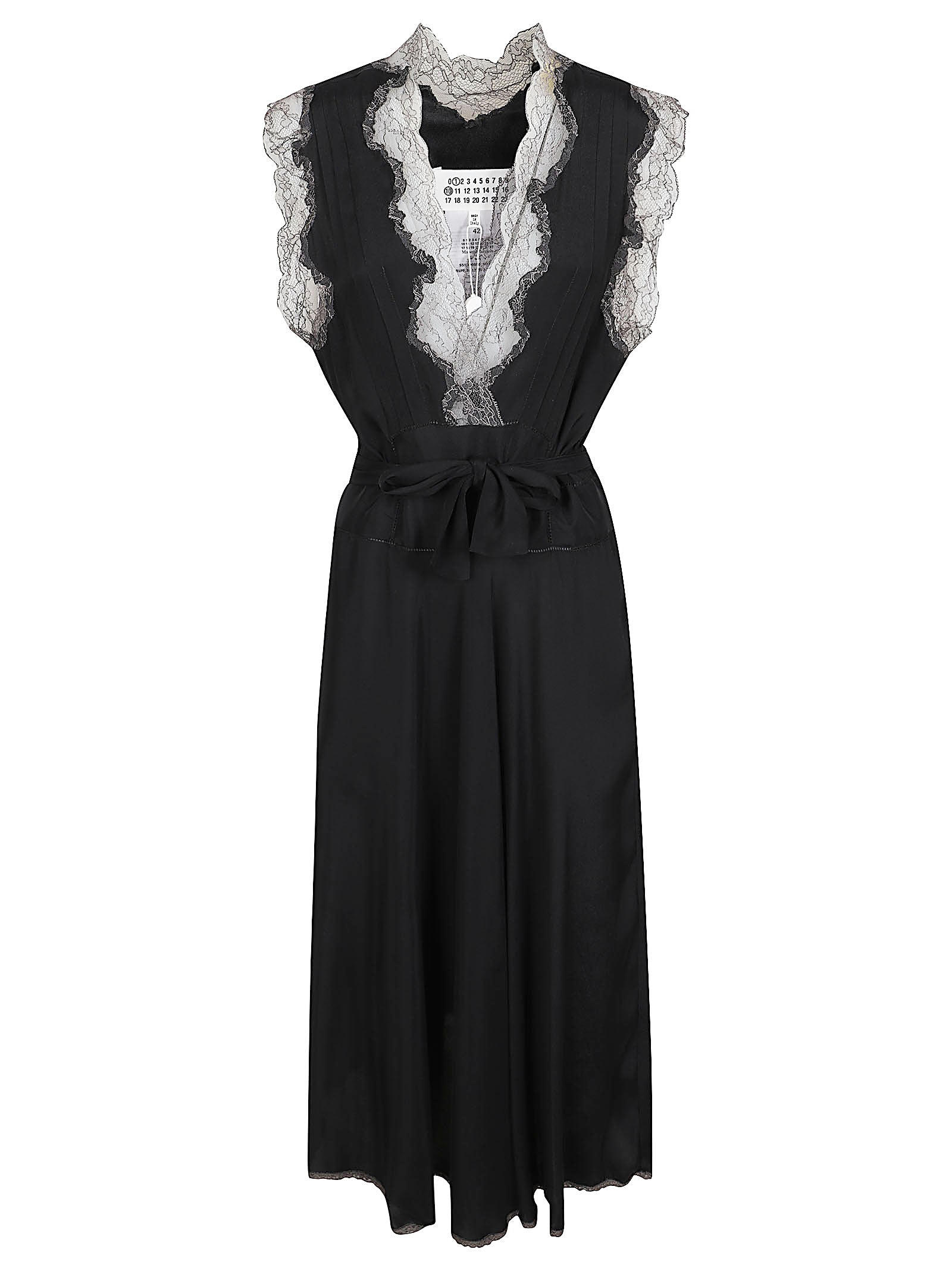 Flowing Black Dress with Lace Trim and Belted Waist
