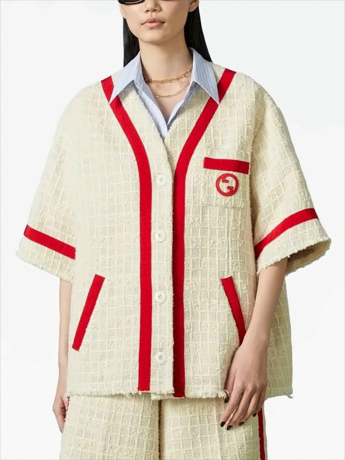 Textured Cream Short-Sleeved Jacket