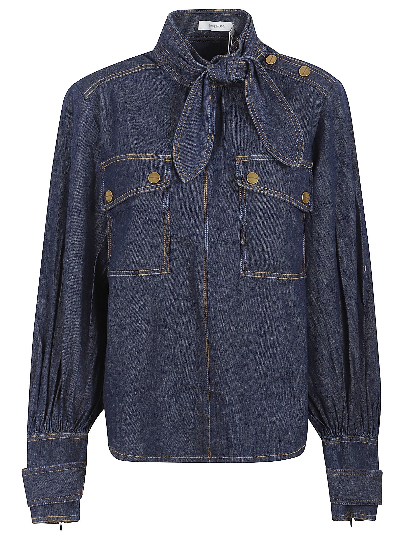 Dark Denim Shirt with Bow Neckline