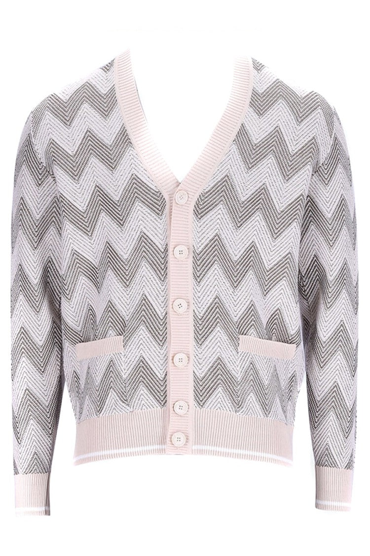 Zigzag Pattern Beige Knitwear With V-Neckline