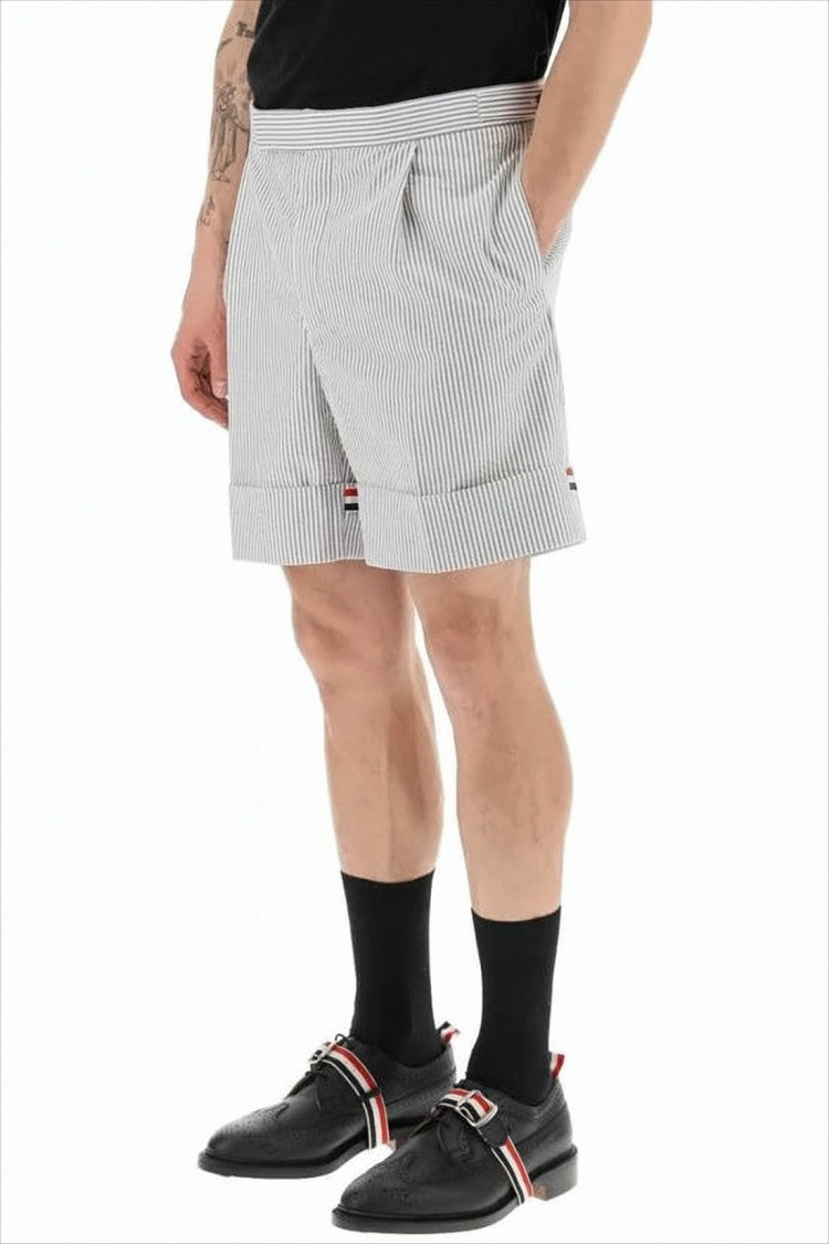 Tailored White Shorts with Subtle Pinstripe and Tricolor Detail