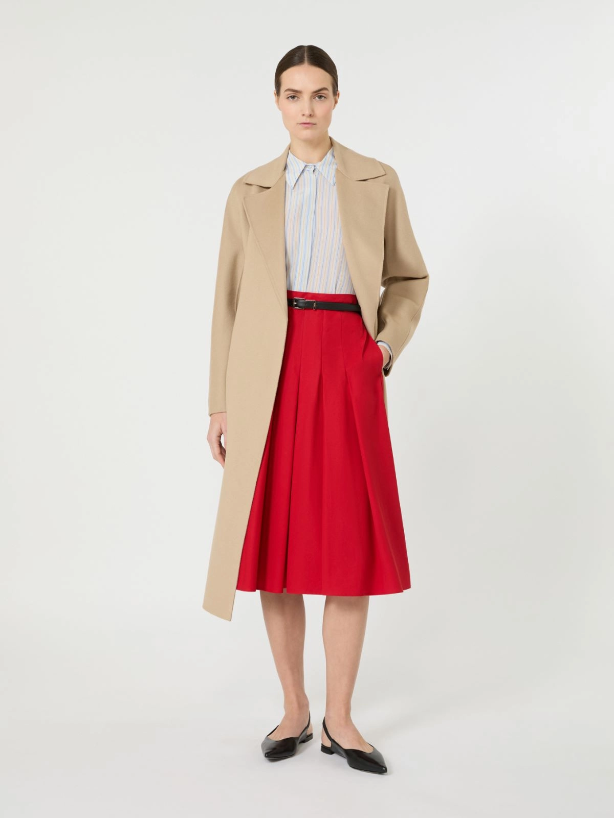 Red Midi Skirt with Structured Pleats