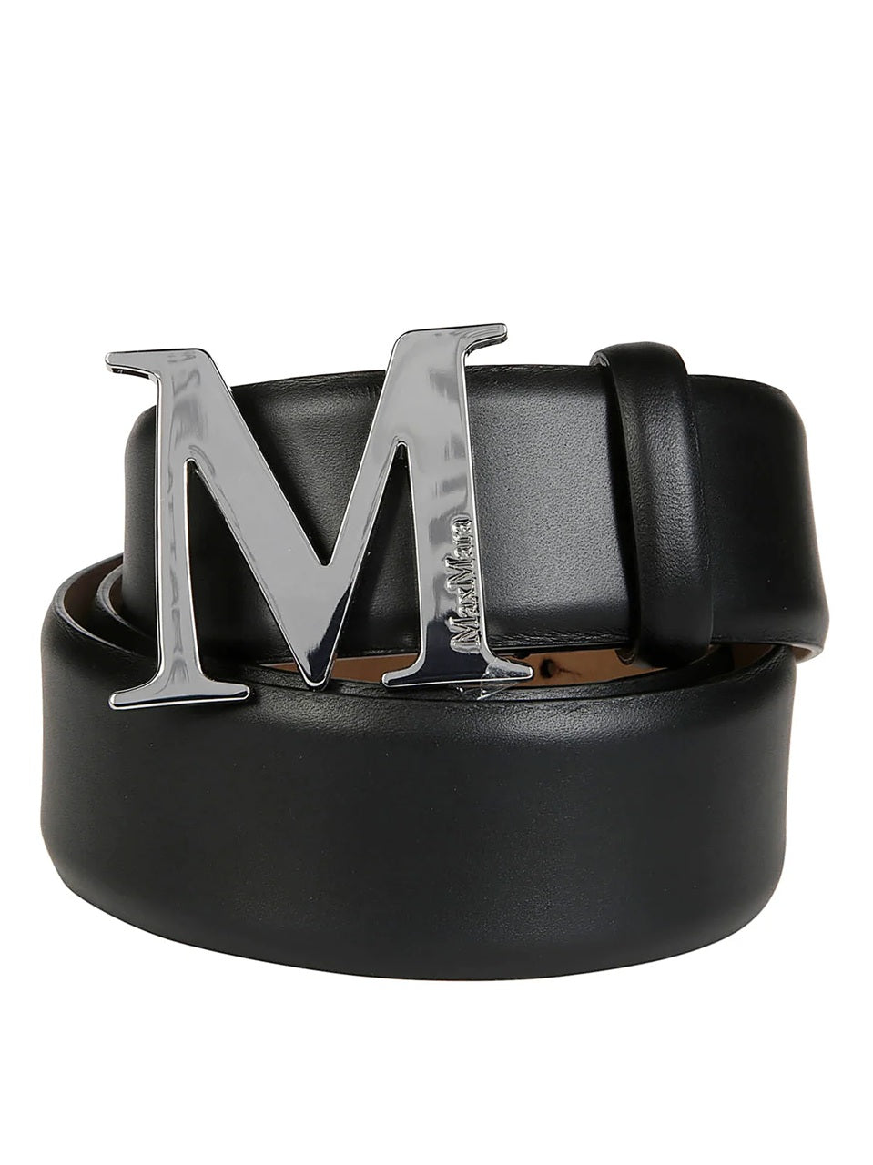 Smooth Black Leather Belt with Polished Silver Letter 'M' Buckle