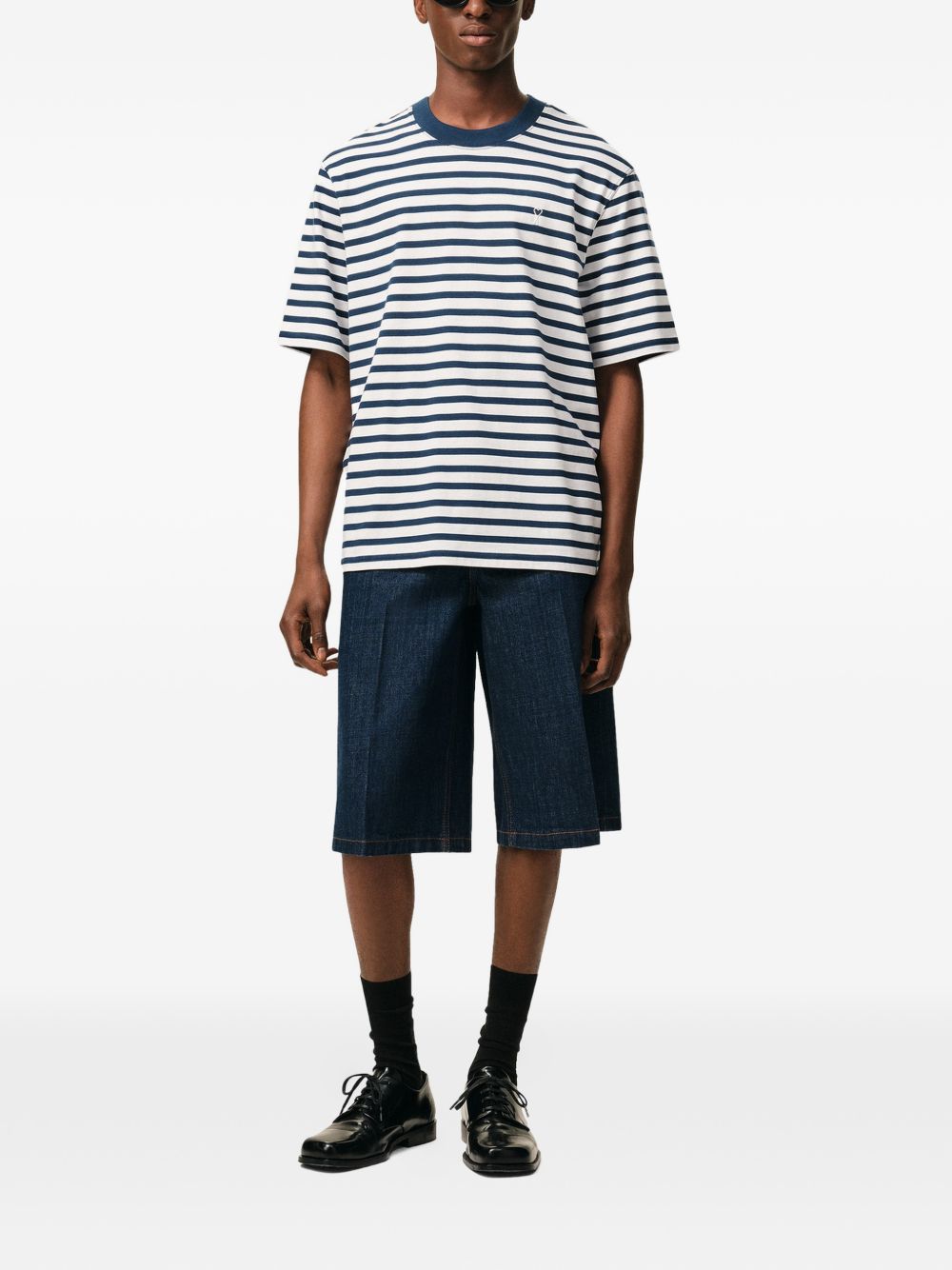 Blue/White Cotton Striped Embroidered T-Shirt