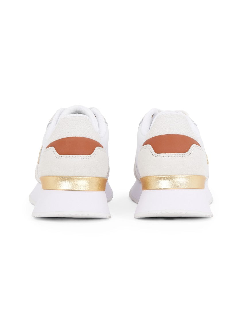 White Leather Sneakers With Suede Details And Gold Accents