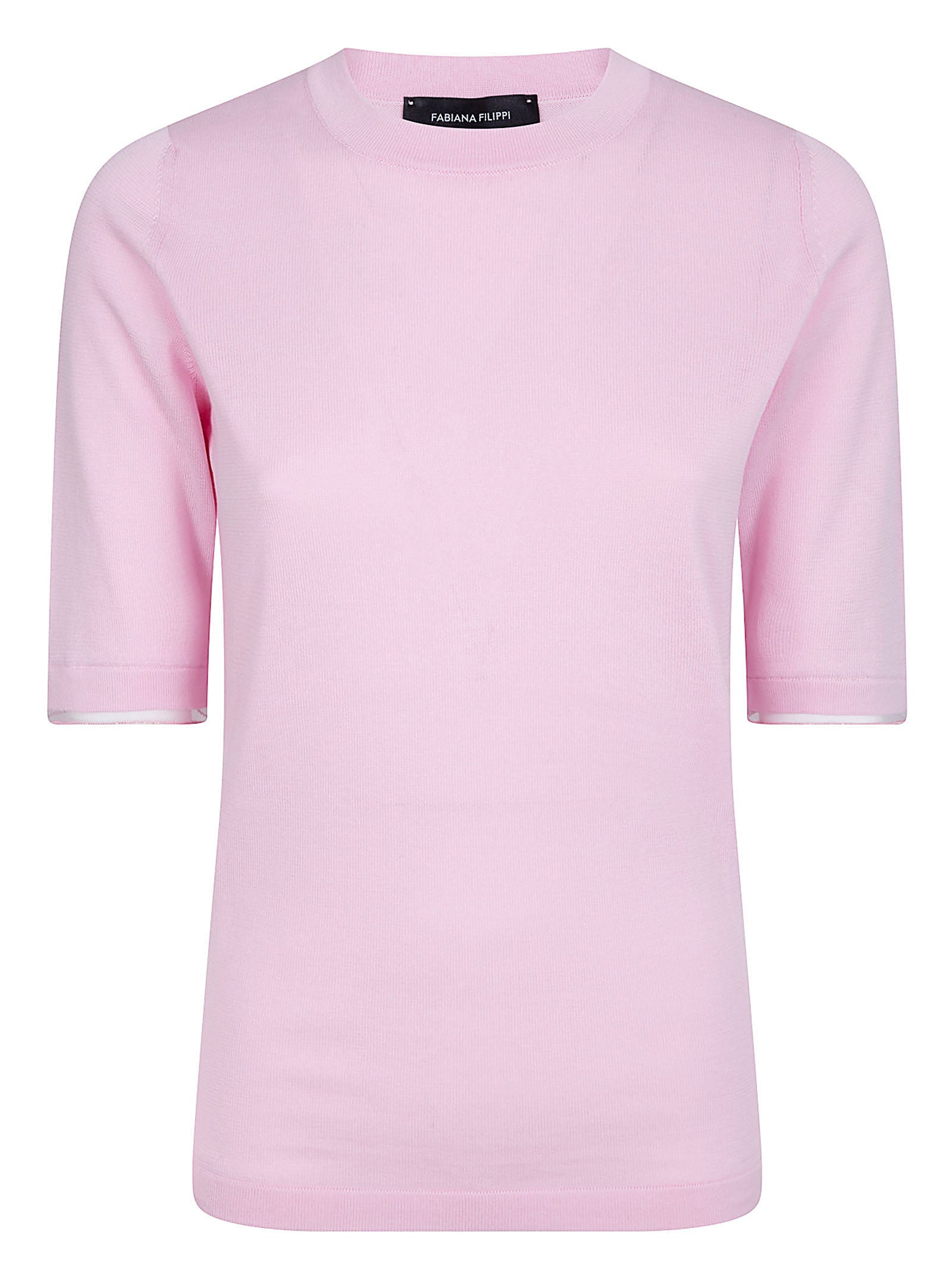 Tailored Light Pink Short-Sleeve Top with Fine Knit Texture