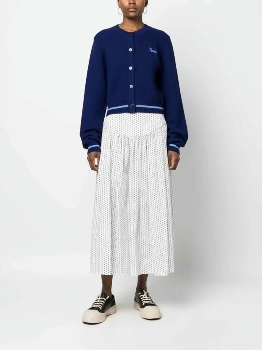 Cropped Deep Navy Cardigan with Textured Wool and Contrasting Stripes